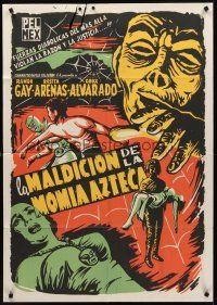 9p040 LA MALDICION DE LA MOMIA AZTECA Mexican export poster R60s Aztec mummy & masked wrestler art!