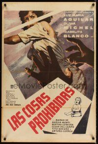 9p042 LAS COSAS PROHIBIDAS Mexican poster '61 cool art of hands & woman in peril!
