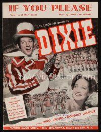 9s416 DIXIE sheet music '43 Bing Crosby with banjo & pretty Dorothy Lamour, If You Please!