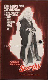 9s378 SCORCHY pressbook '76 full-length art of sexiest barely-dressed Connie Stevens in black cape!