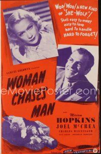 9s406 WOMAN CHASES MAN pressbook R46 great close up art of Miriam Hopkins & Joel McCrea!