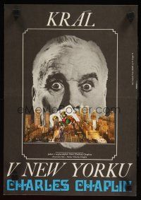 9t206 KING IN NEW YORK Czech 11x16 R74 great image of Charlie Chaplin over NYC skyline!