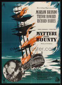 9t440 MUTINY ON THE BOUNTY Danish '62 Marlon Brando, cool art of burning ship by Lettorp!