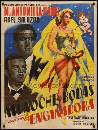 9t024 LA ENGANADORA Mexican poster '55 beautiful bride being shot by Cupid, The Deceiver!