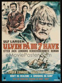 9t028 LEGEND OF SEA WOLF Swedish 24x33 '77 art of grizzled Chuck Connors & cast at sea!