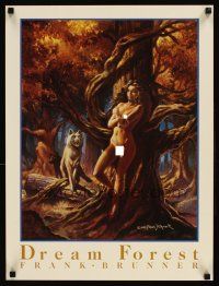 9w094 DREAM FOREST 18x34 art print '90 Brunner art of sexy nude woman in forest with wolves!