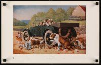 9w128 TEN MILES TO A GARAGE heavy stock 12x19 art print '90s wacky art of dogs fixing car!