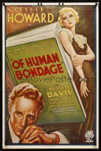 9w306 OF HUMAN BONDAGE commercial poster '71 wonderful art of Bette Davis & Leslie Howard!