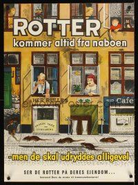 9w026 ROTTER KOMMER ALTID FRA NABOEN Danish pest control poster '60s rats come from neighbors!