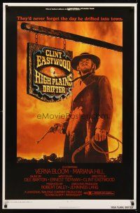 9w664 HIGH PLAINS DRIFTER REPRO 1sh '80s classic art of Clint Eastwood holding gun & whip!