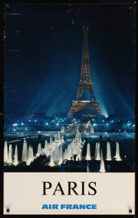 9w564 AIR FRANCE PARIS French travel poster '64 cool image of Eiffel Tower & fountains at night!
