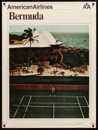 9w488 AMERICAN AIRLINES BERMUDA travel poster '70s great image of tennis court & beach resort!