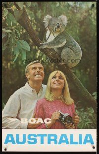 9w542 BOAC Australian travel poster '70s fly to Australia and see a koala bear eat eucalyptus!
