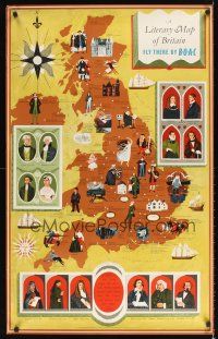 9w554 BOAC LITERARY MAP English travel poster '50s writers and historical sites in Britain!