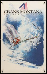 9w619 CRANS MONTANA Swiss travel poster '70s Grand artwork of skier & powder snow!