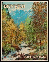 9w494 DELTA AIR LINES: DENVER travel poster '70s cool artwork of mountain stream & forest!