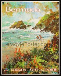 9w495 DELTA AIRLINES: BERMUDA travel poster '70s Jack Laycox artwork of the beach!