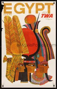 9w516 FLY TWA EGYPT travel poster '60s art of ancient Egyptians in profile by David Klein!