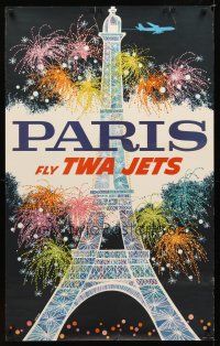 9w518 FLY TWA JETS PARIS travel poster '60s Klein art of Eiffel Tower & fireworks!