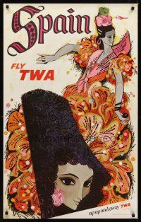 9w523 FLY TWA SPAIN travel poster '60s David Klein art of pretty Spanish dancer!
