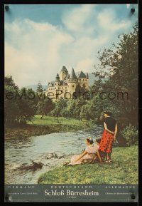9w589 GERMANY German travel poster '60s women by creek w/Burresheim Castle in background!