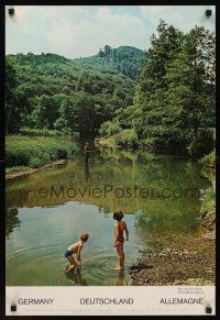 9w588 GERMANY German travel poster '60s Westerwald, image of fisherman & children in stream!