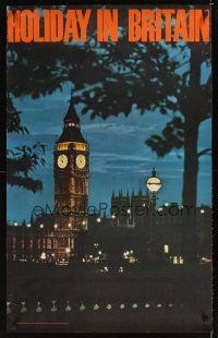 9w561 HOLIDAY IN BRITAIN English travel poster '60s great image of Big Ben at night!