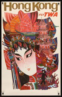 9w527 HONG KONG FLY TWA travel poster '60s Klein artwork of pretty Asian woman & characters!