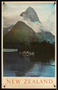 9w605 NEW ZEALAND New Zealand travel poster '62 cool image of boats in Milford Sound!