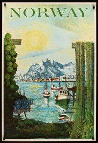 9w606 NORWAY Norwegian travel poster 1950s great art of fishing boats in fjord!