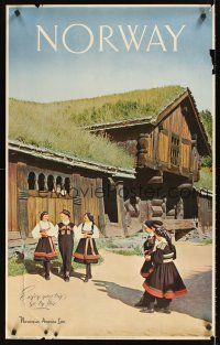 9w610 NORWEGIAN AMERICA LINE NORWAY Norwegian travel poster '61 cool image of villagers!