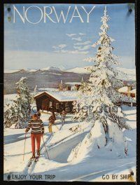 9w608 NORWEGIAN AMERICA LINE NORWAY Norwegian travel poster '60 cool image of cross country skiers!