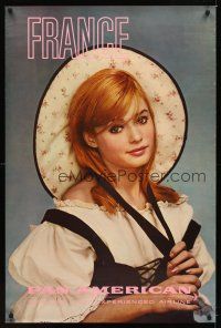 9w504 PAN AMERICAN FRANCE travel poster '60s cool image of pretty woman in hat!