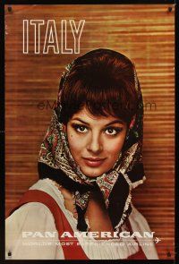 9w505 PAN AMERICAN ITALY travel poster '60s close-up of sexy Italian girl in wearing scarf!
