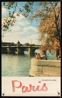 9w578 PARIS French travel poster '60s couple on water's edge at Seine River!
