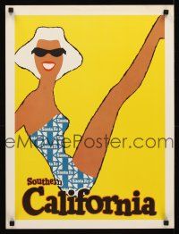 9w650 SANTA FE SOUTHERN CALIFORNIA travel poster '50s cool art of woman in swimsuit & sunglasses!