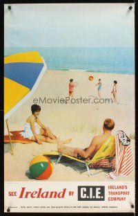 9w593 SEE IRELAND BY C.I.E. Irish travel poster '60s cool image of beachgoers at Brittas Bay!