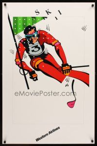 9w538 SKI WESTERN AIRLINES travel poster '80s colorful art of ski racer on mountain slope!