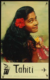 9w581 TAI TAHITI French travel poster '60s great image of pretty native wearing flower!