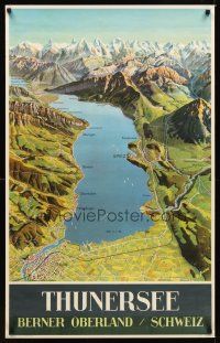 9w624 THUNERSEE Swiss travel poster '60s Beider art of mountain valley lake & map!