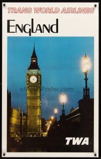 9w510 TRANS WORLD AIRLINES ENGLAND travel poster '75 wonderful image of Big Ben at night!