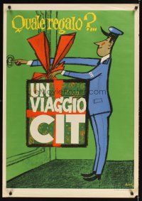9w598 UN VIAGGIO CIT Italian travel poster '62 cool art of deliveryman with gift!