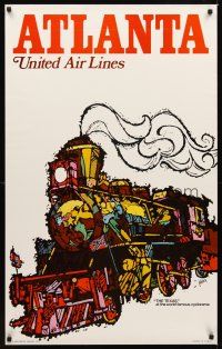 9w536 UNITED AIRLINES: ATLANTA travel poster '69 art of The Texas train engine at the Cyclorama!