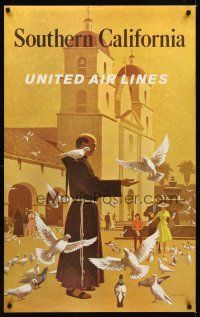 9w534 UNITED AIRLINES SOUTHERN CALIFORNIA travel poster '60s Stan Galli art of friar & birds!
