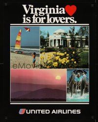 9w535 UNITED AIRLINES VIRGINIA IS FOR LOVERS travel poster '80s cool images of beach & sunset!