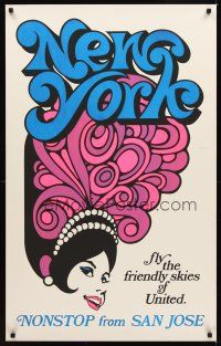 9w537 UNITED NEW YORK travel poster '70s non-stop from San Jose, art of showgirl!