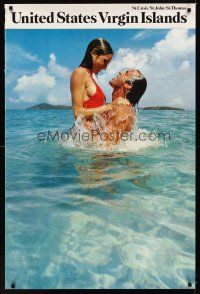 9w636 UNITED STATES VIRGIN ISLANDS travel poster '82 cool image of couple frolicking in water!