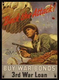 9w003 BACK THE ATTACK! 20x28 WWII war poster '43 Schreiber art of paratroopers over soldier w/gun!