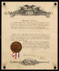 9w015 MILITARY SERVICE signed 14x17 WWI Service Certificate '21 by Nebraska Governor!