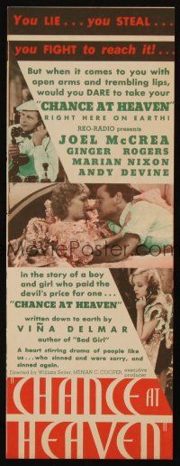9z365 CHANCE AT HEAVEN herald '33 Joel McCrea romances sexy Ginger Rogers!